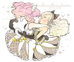  2girls aikatsu! aikatsu!_(series) amahane_madoka animal_ears black_gloves blue_eyes cat_ears cat_girl cat_tail commentary_request cowboy_shot dated eye_contact face-to-face frilled_skirt frills from_side gloves grey_shirt grey_skirt heart hug idol_clothes kemonomimi_mode kumo_suzume kurosawa_rin long_hair looking_at_another multiple_girls pink_hair pleated_skirt profile shirt skirt smile tail twintails 