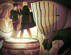  3boys ai_the_somnium_files ai_the_somnium_files:_nirvana_initiative black_gloves black_hair black_hat black_jacket black_necktie black_pants black_shoes candyprowled closed_mouth collared_shirt commentary date_kaname english_commentary gloves hat highres holding_hands jacket mask multiple_boys music_box necktie pants purple_gloves ryuki_kuruto shirt shoes somezuki_uru white_shirt 