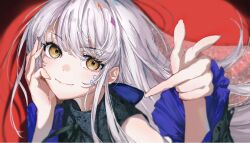  1girl absurdres bang_dream! black_dress blurry commentary_request commission depth_of_field dress fingernails hand_on_own_face hanozuku highres long_fingernails long_hair minato_yukina red_background rose_(yumenokessho) shadow smile solo swept_bangs white_hair yellow_eyes yumenokessho 