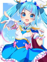  1girl blue_cape blue_eyes blue_hair blue_sky bow brooch cape clouds cloudy_sky commentary cowboy_shot cure_sky cut_bangs detached_sleeves dress dress_bow earrings fingerless_gloves frilled_dress frills gloves gradient_hair hair_ornament highres hirogaru_sky!_precure jewelry long_hair looking_at_viewer magical_girl multicolored_hair myarikuru one_eye_closed pink_bow pink_hair precure puffy_detached_sleeves puffy_sleeves reaching reaching_towards_viewer red_cape short_dress single_earring single_sidelock sky sleeveless sleeveless_dress smile solo sora_harewataru standing streaked_hair two-sided_cape two-sided_fabric very_long_hair white_gloves wing_brooch wing_hair_ornament 