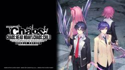  2boys 2girls black_dress black_jacket black_pants blazer blue_eyes blue_hair brown_jacket chaos;child chaos;head commentary_request copyright_name cropped_jacket d-sword dress dual_wielding hekiho_academy_school_uniform holding jacket long_hair miyashiro_takuru multiple_boys multiple_girls necktie nishijou_takumi official_art onoe_serika open_clothes pants pink_hair plaid_clothes plaid_pants red_necktie sakihata_rimi sasaki_mutsumi school_uniform science_adventure shirt short_hair suimei_academy_school_uniform sword thigh-highs twintails very_long_hair weapon 