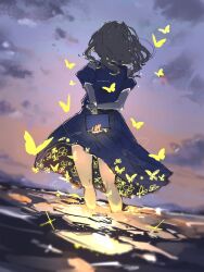  1girl blue_dress blue_sky bongore2668 brown_hair bug butterfly clothing_cutout clouds commentary_request dress eikyuu_hours facing_away from_behind gradient_sky highres holding holding_behind_back kunikida_hanamaru long_hair love_live! love_live!_sunshine!! orange_sky short_sleeves shoulder_cutout sky solo standing sunset wading yellow_butterfly 