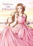  1girl aerith_gainsborough alternate_costume bare_shoulders breasts brown_hair collarbone dress final_fantasy final_fantasy_vii final_fantasy_vii_remake flower green_eyes hair_flower hair_ornament highres long_dress long_hair medium_breasts nalu open_mouth parted_bangs pink_dress pink_flower pink_rose rose sidelocks smile solo strapless strapless_dress thank_you twitter_username upper_body wavy_hair 