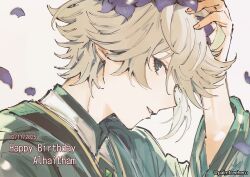  1boy akademiya_uniform alhaitham_(genshin_impact) character_name commentary dated english_commentary falling_petals genshin_impact green_eyes green_robe greyscale hand_on_own_head happy_birthday highres looking_at_viewer male_focus monochrome open_mouth palmtreehero petals purple_petals robe short_hair simple_background solo twitter_username white_background 