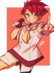  1boy amayu_(amaamailust) commentary_request crispin_(pokemon) frying_pan grin highres holding holding_frying_pan jacket leg_up male_focus pointing pokemon pokemon_sv red_hair short_hair short_sleeves shorts signature smile solo teeth white_jacket white_shorts yellow_eyes 