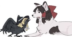  animal animalization bird black_bird blonde_hair bow braid brown_eyes brown_hair clothed_animal commentary crow fox frilled_hair_tubes frills hair_bow hair_tubes hakurei_reimu hakurei_reimu_(fox) hat highres kirisame_marisa kirisame_marisa_(crow) long_hair no_humans red_bow side_braid single_braid tktkhappymchyru touhou witch_hat yellow_eyes 