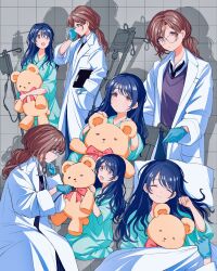  2girls alternate_universe aqua_pants aqua_shirt black_necktie blue_gloves blue_hair blue_pants brown_hair clipboard closed_mouth collared_shirt commentary_request covering_with_blanket doctor drop_shadow fukumaru_koito glasses gloves grey_background grid_background hand_on_own_chin highres higuchi_madoka holding holding_clipboard holding_stethoscope idolmaster idolmaster_shiny_colors isoginn_chuck lab_coat long_hair looking_at_another low_ponytail multiple_girls multiple_views necktie open_mouth pants ponytail purple_sweater round_eyewear shirt smile stethoscope stroking_own_chin stuffed_animal stuffed_toy sweater teddy_bear violet_eyes white_shirt 