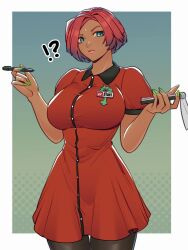  !? 1girl alternate_costume black_pantyhose blue_eyes breasts collared_dress commentary dark-skinned_female dark_skin dress english_commentary fingernails giovanna_(guilty_gear) green_nails guilty_gear guilty_gear_strive highres holding holding_notepad holding_pen large_breasts nail_polish narrow_waist notepad pantyhose pen pink_lips puffy_short_sleeves puffy_sleeves red_dress short_hair short_sleeves skullworms solo standing thigh_gap waitress 