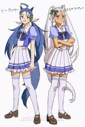 2girls animal_ears archer_(fate) blue_hair breasts brown_shoes code3755 commentary_request crossed_arms cu_chulainn_(fate) cu_chulainn_(lancer)_(fate) dark-skinned_female dark_skin dress fate/stay_night fate_(series) genderswap genderswap_(mtf) grey_eyes highres horse_ears horse_girl horse_tail kemonomimi_mode low_twintails medium_dress multiple_girls parody red_eyes sailor_dress school_uniform shoes small_breasts tail thigh-highs tracen_school_uniform translated twintails umamusume watermark white_hair white_thighhighs zettai_ryouiki 