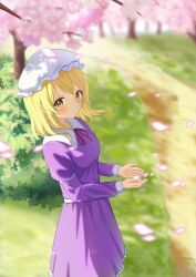  1girl absurdres blonde_hair blush bush cherry_blossoms chinese_commentary closed_mouth collared_dress commentary contrast_collar day dress falling_petals frilled_dress frills grass hat highres long_sleeves looking_at_viewer maribel_hearn medium_hair mob_cap neck_ribbon path petals purple_dress red_ribbon ribbon sash shiro_(user_1048334293) sleeve_garter smile solo standing touhou white_hat white_sash yellow_eyes 