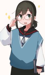  1girl :d absurdres anchor_symbol bespectacled black_sailor_collar black_skirt blue_neckerchief blue_sweater_vest blush book brown_hair commentary cowboy_shot double-parted_bangs fubuki_(kancolle) fubuki_kai_ni_(kancolle) glasses green_eyes hair_between_eyes hair_ornament hairclip highres holding holding_book kantai_collection long_sleeves looking_at_viewer low_twintails ma_rukan medium_hair neckerchief open_mouth sailor_collar sidelocks signature simple_background skirt smile solo sparkle sweater_vest twintails untranslatable_commentary v-neck white_background 