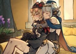  2girls android black_cat black_jacket blue_hair blush brown_hair cat closed_eyes closed_mouth commentary english_commentary flower genshin_impact goggles goggles_on_head heart highres hug hug_from_behind ineffa_(genshin_impact) jacket jahoda_(genshin_impact) joints michifu multiple_girls on_bed purple_flower robot_joints star-shaped_pupils star_(symbol) symbol-shaped_pupils thigh-highs white_thighhighs yuri 