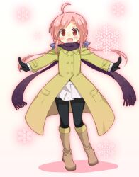  1girl :d black_gloves black_pantyhose blue_bow boots bow braid brown_boots brown_eyes buttons coat double-breasted full_body gloves green_coat hair_bow knee_boots long_hair low_twintails miniskirt open_hands open_mouth original pantyhose pink_hair print_scarf purple_scarf scarf side_braids skirt smile snowflake_print snowflakes solo standing twintails white_skirt yuuki_(alicesoft) 