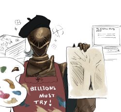  1boy apron armor beret chudjak constance_(angeliccarousel) covered_eyes dark_skin elden_ring elden_ring_nightreign english_text erdtree_(elden_ring) executor_(elden_ring) flower hat helmet helmet_over_eyes highres holding holding_paint_palette holding_painting meme monitor paint_palette paint_splatter painting_(object) parody smile solo sparkle white_background 