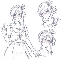  1girl belt belt_buckle blush bracelet brooch buckle closed_mouth collarbone collared_vest commentary cowboy_shot cropped_torso downturned_eyes dress eyelashes flustered freckles glasses greyscale hair_ornament hair_rings happy head_tilt highres infinity_nikki jewelry key lipstick makeup monochrome multiple_rings multiple_views nervous nikki_(series) nonoberry22 nonoy_(infinity_nikki) origami paper_crane parted_lips pink_lips pleated_dress pointing pointing_up puffy_short_sleeves puffy_sleeves ribbon ring ring_on_every_finger round_eyewear sailor_collar short_hair_with_long_locks short_sleeves simple_background single_hair_ring smile spot_color vest white_background 