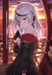  1girl absurdres black_gloves black_jacket black_streaks blush camisole closed_mouth commentary_request ferris_wheel finger_to_mouth fingerless_gloves gloves grey_hair hair_ornament heart heart-shaped_pupils highres hololive jacket long_hair looking_at_viewer multicolored_hair red_eyes sakamata_chloe sakamata_chloe_(1st_costume) solo streaked_hair sunset symbol-shaped_pupils takotakochan_1006 virtual_youtuber white_camisole x_hair_ornament 