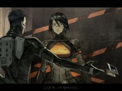  1boy 1girl adler_(signalis) android black_hair blue_eyes cowboy_shot dated elster_(signalis) fune_(nkjrs12) highres letterboxed outstretched_arm photo_(object) short_hair signalis signature skin_seams throwing wide-eyed 