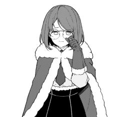  1girl cloak closed_mouth commentary_request copyright_request fur-trimmed_cloak fur-trimmed_gloves fur-trimmed_skirt fur_trim glasses gloves greyscale hand_up highres long_sleeves looking_at_viewer midorikawa_you monochrome necktie round_eyewear shirt simple_background skirt solo wavy_mouth white_background 