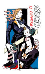  3boys absurdres black_hat black_sclera blonde_hair blood chibi coco_jumbo colored_sclera commentary_request finger_on_trigger fishing_rod frown gun gyogyo_hjj hat highres holding holding_fishing_rod holding_gun holding_weapon jojo_no_kimyou_na_bouken korean_commentary male_focus metallica_(stand) multiple_boys pants pesci prosciutto_(jojo) red_eyes revolver ribbed_socks risotto_nero socks stand_(jojo) striped_clothes striped_pants the_grateful_dead_(stand) turtle vento_aureo wavy_mouth weapon 