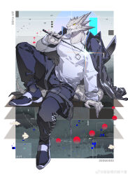  12f_(arknights) 1boy absurdres arknights black_jacket black_pants black_shoes chinese_commentary claws closed_mouth commentary_request dated dmsjji12 full_body furry furry_male happy_birthday highres holding holding_wand jacket jewelry lizard_tail looking_at_viewer male_focus necklace pants reptile_girl shirt shoes sitting tail wand white_shirt 