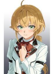  1girl absurdres ahoge arm_up blonde_hair bow bowtie commentary_request determined gradient_background green_eyes hair_between_eyes hair_flaps highres jacket long_hair long_sleeves looking_at_viewer mushoku_tensei norn_greyrat ponytail ranoa_magic_academy_school_uniform red_bow red_bowtie rkgktomato school_uniform shirt simple_background solo standing upper_body white_jacket white_shirt 