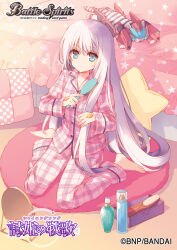  1girl battle_spirits brushing_hair brushing_own_hair commentary_request green_eyes hair_brush highres holding holding_hair_brush long_hair looking_at_viewer original pajamas pink_pajamas sitting usui_rina wariza white_hair 