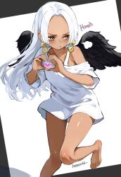  1girl :t absurdres bare_legs black_wings blunt_sidelocks blush closed_mouth collarbone commentary dark-skinned_female dark_skin earrings feathered_wings feet foot_out_of_frame forehead hashtag-only_commentary heart heart_hands highres jewelry kasumi_6 knee_up long_hair long_shirt looking_to_the_side off_shoulder one_piece pout puff_of_air s-snake shirt short_sleeves sidelocks simple_background single_off_shoulder snake_earrings solo standing standing_on_one_leg star-shaped_pupils star_(symbol) symbol-shaped_pupils thighs twitter_username white_background white_hair white_shirt wings yellow_eyes 