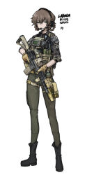  1girl amane_suzuha amane_suzuha_(beta) assault_rifle black_pants brown_hair camouflage camouflage_jacket full_body green_pants gun hair_rings highres holding holding_gun holding_weapon jacket kuroinu9 military military_combat_uniform military_uniform pants rifle science_adventure sleeves_rolled_up soldier solo steins;gate weapon 
