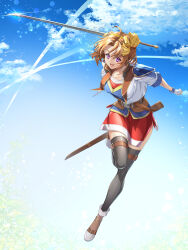  1girl ahoge anelace_elfead armor black_thighhighs blue_sky boots bow breasts brown_hair chiga_akira clouds collarbone commentary_request cropped_jacket curtained_hair eiyuu_densetsu fingerless_gloves floating_hair full_body glint gloves hair_between_eyes hair_bow hairband hashtag-only_commentary highres holding holding_sword holding_weapon looking_at_viewer medium_breasts open_mouth parted_bangs partially_shaded_face pauldrons scabbard sheath short_hair short_sleeves shorts shoulder_armor single_pauldron sky smile solo sora_no_kiseki sword thigh-highs violet_eyes weapon white_gloves yellow_hairband 