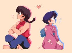  1boy 1girl barefoot black_hair blue_hair braid commentary crossed_arms drop_shadow from_side full_body garnel_(letsgotomato11) heart ranma_1/2 saotome_ranma seiza short_hair single_braid sitting sweat tendou_akane yellow_background 