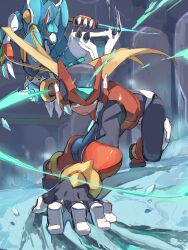  1boy absurdres armor black_eyes blonde_hair energy_sword fenri_lunaedge forehead_jewel full_body helmet highres holding holding_sword holding_weapon long_hair mega_man_(series) mega_man_zero_(series) mega_man_zero_4 non-humanoid_robot omochi_(mochi_skymega) red_armor red_helmet robot robot_animal solo_focus sword weapon wolf z_saber zero(z)_(mega_man) zero_(mega_man) 