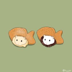  animal animal_focus commentary_request custard food food_focus green_background hamster in_food no_humans original red_bean_paste signature simple_background taiyaki upiupisyo wagashi 