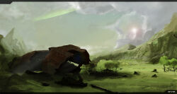  absurdres attack_ship_(eve_online) battleship_(eve_online) bird boundless_creation_(eve_online) clouds cloudy_sky commentary copyright_logo copyright_name dome0802 english_commentary eve_online flock highres logo military_vehicle minmatar_republic_(eve_online) mountain mountainous_horizon no_humans outdoors scenery science_fiction simple_bird sky spacecraft tree typhoon_(eve_online) vehicle_focus white_bird wreckage 