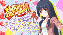  1girl bad_id balloon bilingual_text black_hair blunt_bangs blush breasts character_name clenched_hand closed_mouth collarbone confetti english_text flower food food_art game_cg hair_tie happy_birthday heart_balloon hime_cut holding idol_wars jacket kuchiki_saori long_hair long_sleeves looking_at_viewer mixed-language_text official_art open_clothes open_jacket orange_flower orange_rose outstretched_arm patch pink_jacket plaid_background red_ribbon ribbon rose second-party_source shirt small_breasts solo star_(symbol) string_of_flags tako-san_wiener upper_body violet_eyes white_shirt 