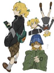  1girl :d ^_^ aeo444 animal_print bag black_shirt black_socks blonde_hair blue_hat bow bowtie brown_shoes brown_skirt bucket_hat cellphone checkered_clothes checkered_skirt closed_eyes closed_mouth collared_shirt cropped_torso daiba_nana drawstring expressionless frog_print full-length_zipper green_eyes green_jacket green_ribbon grey_jacket grey_shirt grey_skirt grey_socks hair_between_eyes hair_ribbon hands_up hat highres holding holding_phone hood hood_down hooded_jacket interlocked_fingers jacket loafers long_sleeves looking_back looking_to_the_side medium_skirt multiple_views no_sclera open_clothes open_jacket open_mouth own_hands_together parted_lips phone pleated_skirt print_hat red_bow red_bowtie ribbon school_uniform seishou_music_academy_uniform shade shirt shoes short_hair shoujo_kageki_revue_starlight shoulder_bag sideways_glance simple_background single_sleeve_past_wrist skirt smile socks standing two_side_up upside-down white_background zipper 