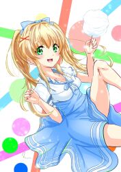  1girl :d blonde_hair blue_bow blue_bowtie blue_skirt bow bowtie breasts commentary_request cotton_candy cowboy_shot dutch_angle eyebrows_hidden_by_hair food green_eyes hair_between_eyes hair_bow hair_intakes hair_ornament hands_up happy high-waist_skirt highres holding holding_cotton_candy holding_food knee_up light_particles long_hair looking_at_viewer medium_breasts noir_(nowaru) official_alternate_costume open_mouth puffy_short_sleeves puffy_sleeves shirt short_sleeves sidelocks signature simple_background sitting skirt smile solo summer_pockets tareme teeth tsumugi_wenders twintails upper_teeth_only white_background white_shirt x_hair_ornament 
