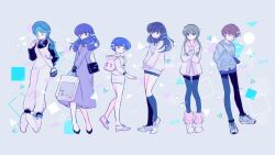  6+girls absurdres blue_eyes blue_hair braid brown_hair commentary_request creator_connection crossover dress en_0410 green_hair grey_background highres higurashi_kagome inuyasha kiba_nanoka kyoukai_no_rinne long_hair lum maison_ikkoku mamiya_sakura mao_(takahashi_rumiko) multiple_girls orange_eyes otonashi_kyouko overalls purple_dress ranma_1/2 short_hair single_braid tendou_akane twin_braids urusei_yatsura white_overalls yellow_eyes 