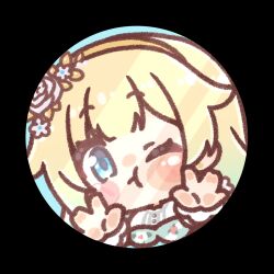  1girl ;t against_fourth_wall aizawa_ema black_background blonde_hair blue_dress blue_eyes blush_stickers breasts brown_hairband chibi closed_mouth commentary_request dress floral_print flower hair_flaps hairband medium_breasts mitarashi_neko one_eye_closed print_dress rose round_image shirt solo virtual_youtuber vspo! white_flower white_rose white_shirt 