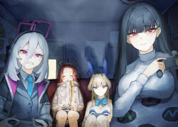  4girls :d ^_^ absurdres anger_vein animal_ears black_hair blonde_hair blue_archive blue_eyes blue_necktie blush breasts closed_eyes commentary_request controller fake_animal_ears forehead game_controller hair_between_eyes halo highres holding holding_controller holding_game_controller jacket kei_(blue_archive) kei_(new_body)_(blue_archive) large_breasts long_hair multiple_girls necktie rabbit_ears red_eyes ribbed_sweater ringed_eyes rio_(blue_archive) sitting smile sweatdrop sweater tap_(vjnm2724) tears toki_(blue_archive) toki_(bunny)_(blue_archive) turtleneck turtleneck_sweater violet_eyes white_hair white_sweater yuzu_(blue_archive) 