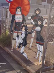  >_< 4girls android animal_ears black_hair blue_eyes cat_ears commentary day english_commentary eule_(signalis) facial_mark forehead_mark full_body gretarting high_school_girls_posing_for_google_street_view_(meme) highres holding holding_umbrella kemonomimi_mode kolibri_(signalis) meme multiple_girls open_mouth outdoors paw_pose photo_background posing short_hair signalis signature smile standing star_(signalis) storch_(signalis) umbrella v 