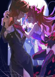  2girls black_leotard black_thighhighs black_tunic blush bow bracelet brown_eyes brown_hair ciel_(tsukihime) commentary_request cross cross_necklace dead_apostle_noel_(tsukihime) dress dual_persona falling_petals fang hair_between_eyes hair_bow holding holding_polearm holding_weapon jewelry leaning_forward leotard long_hair long_sidelocks looking_at_viewer mole mole_under_mouth multiple_girls necklace nervous_sweating noel_(tsukihime) nun partially_shaded_face petals pink_bow pink_hair polearm powered_ciel purple_dress reaching reaching_towards_another red_eyes rong301718 rose_petals scared side_slit sidelocks silk smile spider_web sweat thigh-highs tsukihime tsukihime_(remake) tunic two_side_up vampire wavy_hair weapon wing_collar 