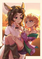  2girls absurdres animal_ears backlighting blonde_hair blonney blue_shorts border caifeijiecai carrying carrying_person chinese_commentary closed_eyes commentary_request deer_ears deer_girl feet_out_of_frame green_eyes green_leg_warmers green_sports_bra grin hand_up highres jacket jessica_(reverse:1999) leg_warmers looking_at_another multiple_girls outside_border pink_sky princess_carry purple_jacket reverse:1999 shirt shorts sky smile sports_bra sweat twilight upper_body violet_eyes wavy_mouth white_shirt yellow_border yuri 