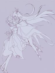  2girls bare_shoulders bonnet bow bowtie breasts closed_eyes closed_mouth columbina_(genshin_impact) commentary_request detached_collar detached_sleeves dress genshin_impact greyscale hair_ornament hair_ribbon head_wings headdress highres long_hair long_sidelocks long_sleeves monochrome multiple_girls multiple_wings open_mouth ribbon sandrone_(genshin_impact) short_hair_with_long_locks sidelocks simple_background smile vc0vx5x winding_key wing_hair_ornament wings yuri 