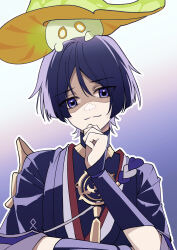  1boy absurdres armor black_hair black_kimono black_sleeves blunt_ends clenched_hand closed_mouth commentary_request creature_on_head eyelashes fungi_(genshin_impact) genshin_impact gold gradient_background hair_between_eyes hand_on_own_chin hand_up highres iwoarazumi129 japanese_armor japanese_clothes jewelry juban kimono kote kurokote layered_sleeves looking_at_viewer male_focus mitsudomoe_(shape) neck_ring open_clothes open_kimono outline portrait purple_background purple_rope purple_sleeves red_kimono rope scaramouche_(genshin_impact) shaded_face shimenawa single_sode smile solo split_mouth tomoe_(symbol) tsurime violet_eyes white_background white_kimono white_outline white_rope 