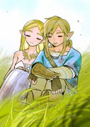  1boy 1girl artist_name bare_shoulders black_gloves blonde_hair blue_tunic boots breasts brown_boots closed_eyes closed_mouth commentary_request crossed_arms dirty dirty_face dress earrings field fingerless_gloves gloves gold_necklace grey_pants highres hugging_own_legs jewelry leaning_on_person link long_dress long_hair low_ponytail medium_breasts medium_hair mouyi necklace outdoors pants pointy_ears ponytail princess_zelda sample_watermark shoulder_belt sidelocks single_vambrace sitting sparkle strapless strapless_dress the_legend_of_zelda the_legend_of_zelda:_breath_of_the_wild tunic vambraces watermark white_dress 