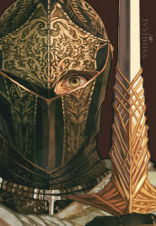  1girl armor artist_name black_armor broken_helmet crazy crazy_eyes elden_ring elden_ring:_shadow_of_the_erdtree full_armor gold_trim helm helmet highres holding holding_sword holding_weapon knight looking_at_viewer needle_knight_leda ornate ornate_armor ornate_weapon signature solo sword weapon wide-eyed yujia0412 