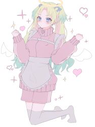  1girl absurdres blonde_hair blue_hair blush clenched_hands closed_mouth commentary full_body gradient_hair halo hashtag-only_commentary heart highres jacket jersey_maid jumping link!_like!_love_live! long_hair long_sleeves looking_at_viewer love_live! maid multicolored_hair osawa_rurino over-kneehighs pink_jacket pink_shorts shorts shrcomp simple_background solo sparkle thigh-highs track_jacket traditional_halo unconventional_maid untranslatable_commentary very_long_hair virtual_youtuber white_background white_thighhighs yellow_halo 