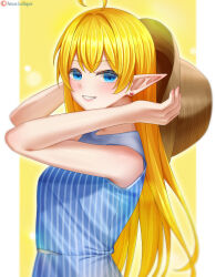  1girl absurdres ahoge amamiya_sora amamiya_sora_(cosplay) bare_arms bare_shoulders blonde_hair blue_dress blue_eyes blue_shirt blush commission commissioner_upload cosplay dress earrings elf flat_chest grin hat highres holding jewelry long_hair looking_at_viewer lori_hagami lotte_farona official_art patreon_logo patreon_username petite pointy_ears real_life shirt sleeveless sleeveless_dress sleeveless_shirt smile solo straw_hat striped_clothes striped_dress striped_shirt unworn_hat unworn_headwear upper_body username vertical-striped_clothes vertical-striped_dress vertical-striped_shirt very_long_hair ways_of_darkness_(series) yellow_background 