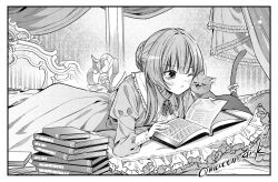  1girl alternate_costume animal animal_ears animalization bed bedroom black_cat blush book bow braid braided_bun bun_with_braided_base cat cat_ears cat_tail cheek-to-cheek cheek_press commentary curtains dress fangs frilled_dress frills genshin_impact gown greyscale hair_bun headboard heads_together inui_shiro long_dress long_sidelocks long_sleeves looking_at_animal lying monochrome on_bed on_stomach one_eye_closed open_mouth pillow reading rubbing sandrone_(genshin_impact) short_hair short_hair_with_long_locks sidelocks solo tail tail_bow tail_ornament untranslatable_commentary victorian whiskers winding_key 
