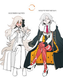  1boy 1girl @_@ black_bow blush bow braid breasts closed_eyes closed_mouth coat coat_on_shoulders cosplay costume_switch crossed_legs embarrassed facing_viewer fate/grand_order fate_(series) father_and_daughter full_body fur-trimmed_coat fur_trim grey_hair hair_bow hand_on_own_chest high-waist_skirt high_heels highres interlocked_fingers large_breasts legs_together lim_(r1m_1031) long_hair long_sleeves necktie open_mouth orange_pantyhose own_hands_together pantyhose red_necktie shirt side_braid simple_background skirt sleeve_cuffs smile sweatdrop very_long_hair white_background white_coat white_hair white_shirt 